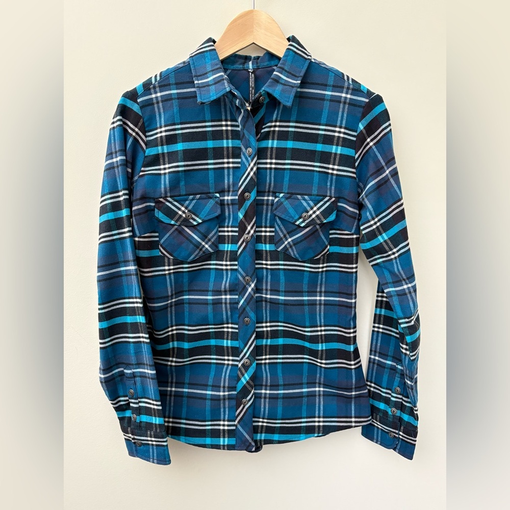 Kuhl Green Teal Plaid Button Up Top Size Small